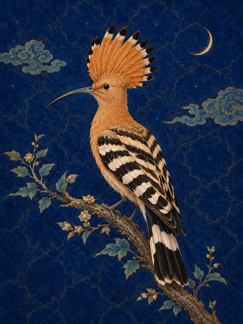 A hoopoe perched under a crescent moon, in the style of Persian miniature painting